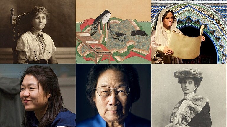 .r.n.l. Fatima Al-Fihri, Murasaki Shikibu, Emmeline Pankhurst, Anna Pavlolva, Tu Youyou, Yi So-Yeon; Bildquellen: Wikipedia.